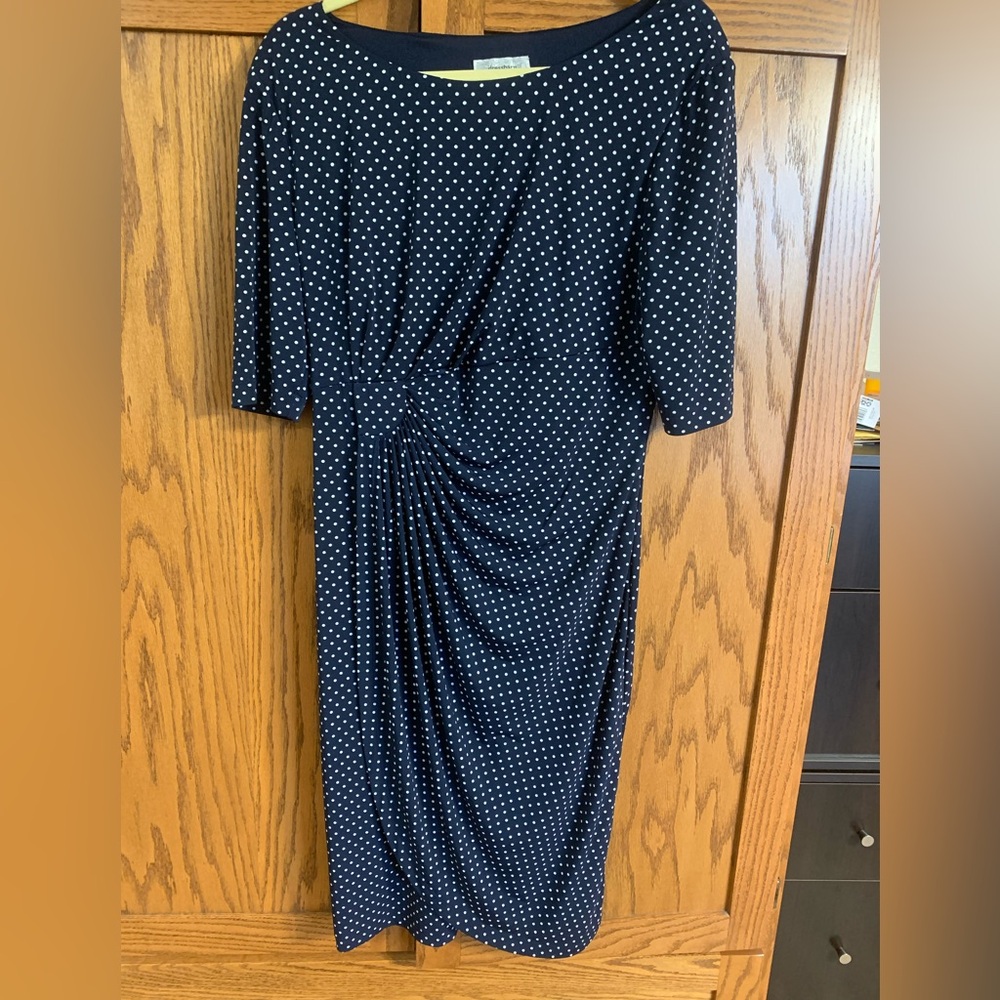 Dress Barn Navy and White Polka Dot dress size 14. Ruching on the side.